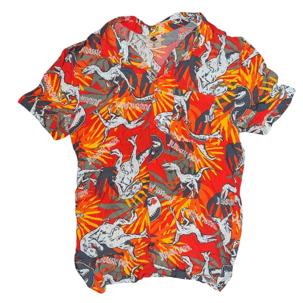 Jurassic Park Mens Small Button Down Shirt Red Orange Raptor Rayon Short Sleeve